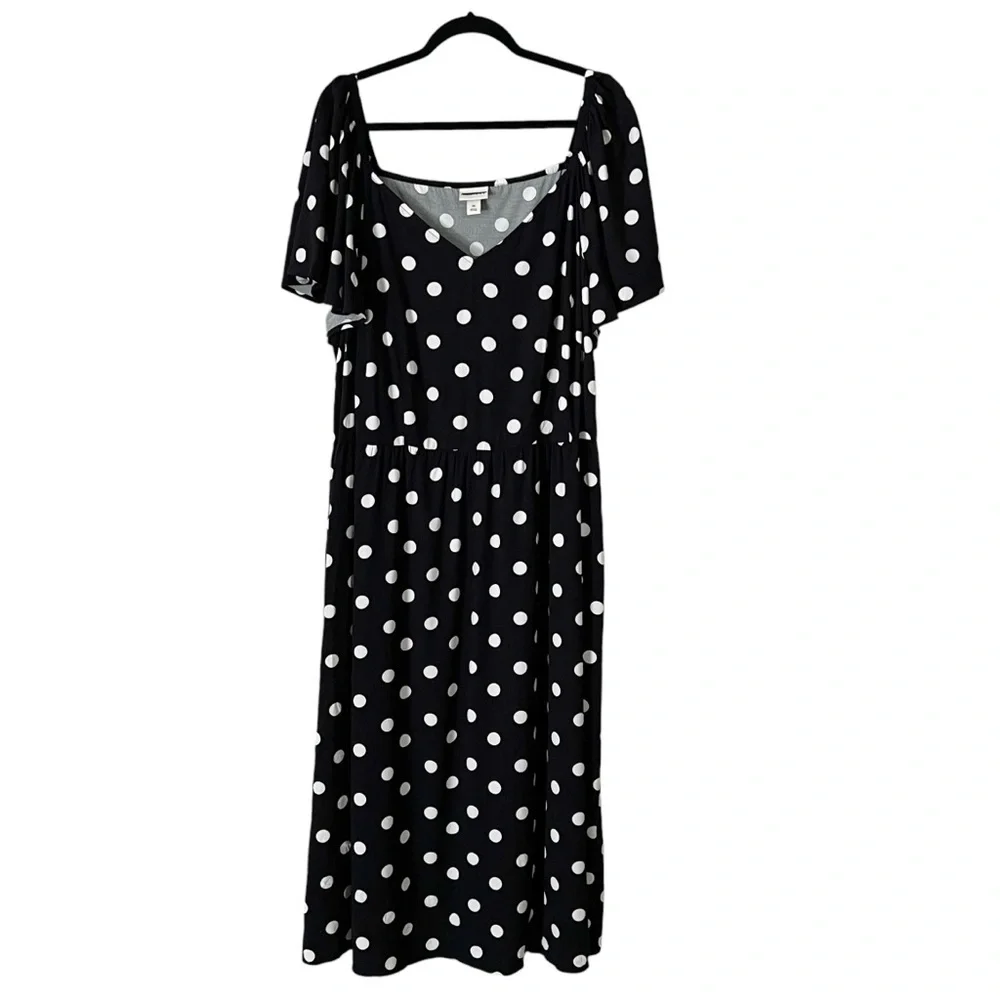 Ava &‎ Viv Women's Black & White Polka Flutter Short Sleeve Midi Dress 3x